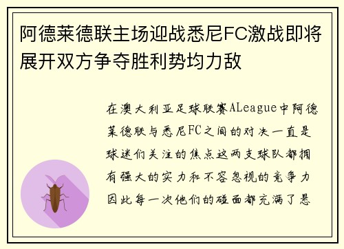 阿德莱德联主场迎战悉尼FC激战即将展开双方争夺胜利势均力敌