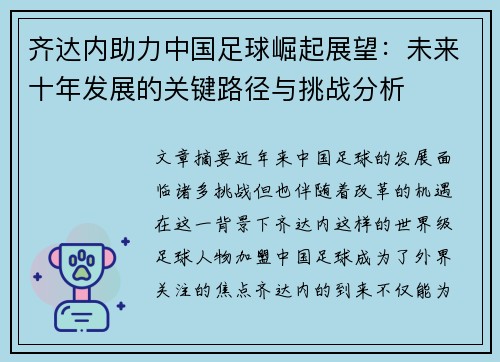 齐达内助力中国足球崛起展望：未来十年发展的关键路径与挑战分析