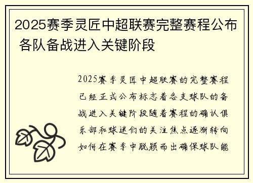 2025赛季灵匠中超联赛完整赛程公布 各队备战进入关键阶段