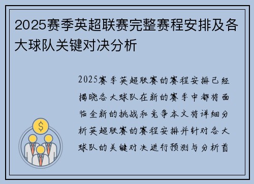 2025赛季英超联赛完整赛程安排及各大球队关键对决分析